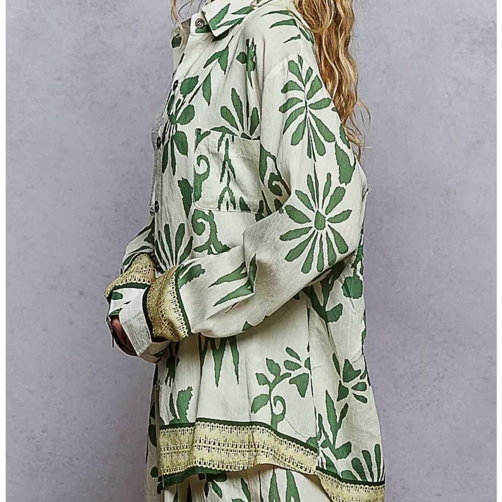 POL SET!! Green Floral Women's Pants and Blouse - Picture 4 of 7